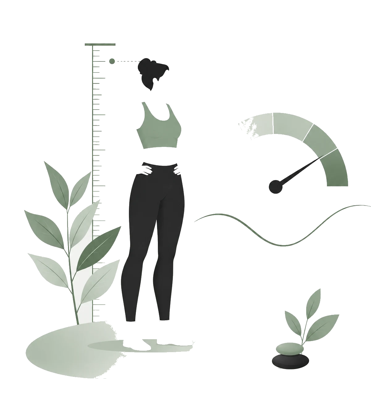 Illustration: kvinna vid mätsticka och BMI-mätare i Lipios stil