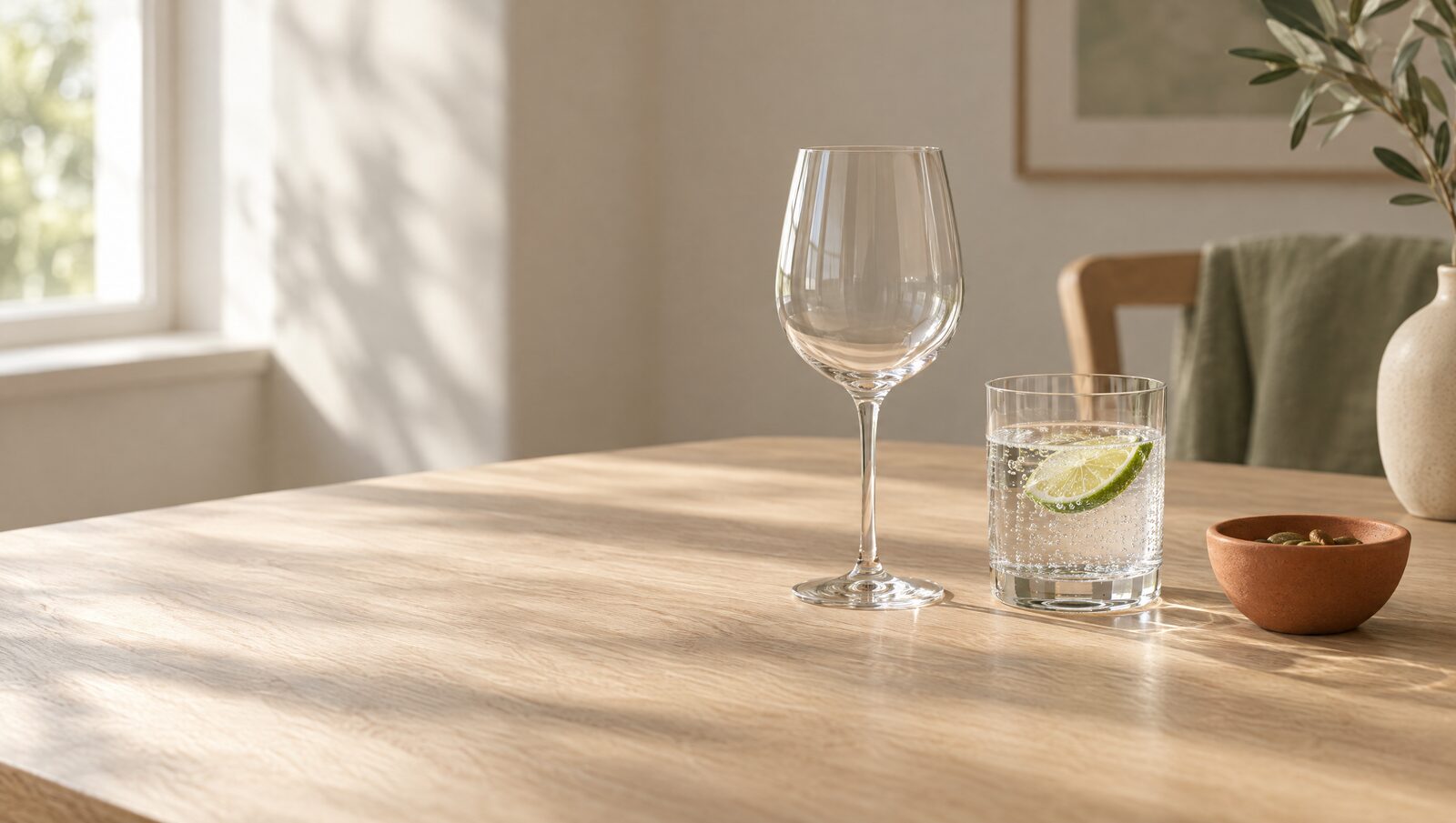 Ett tomt vinglas bredvid ett glas kolsyrat vatten med lime på ett ljust träbord