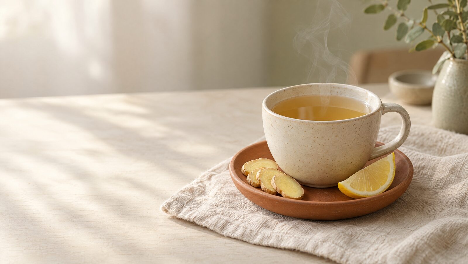 En kopp ingefärste med färsk ingefära och en citronklyfta på ett terrakottafat