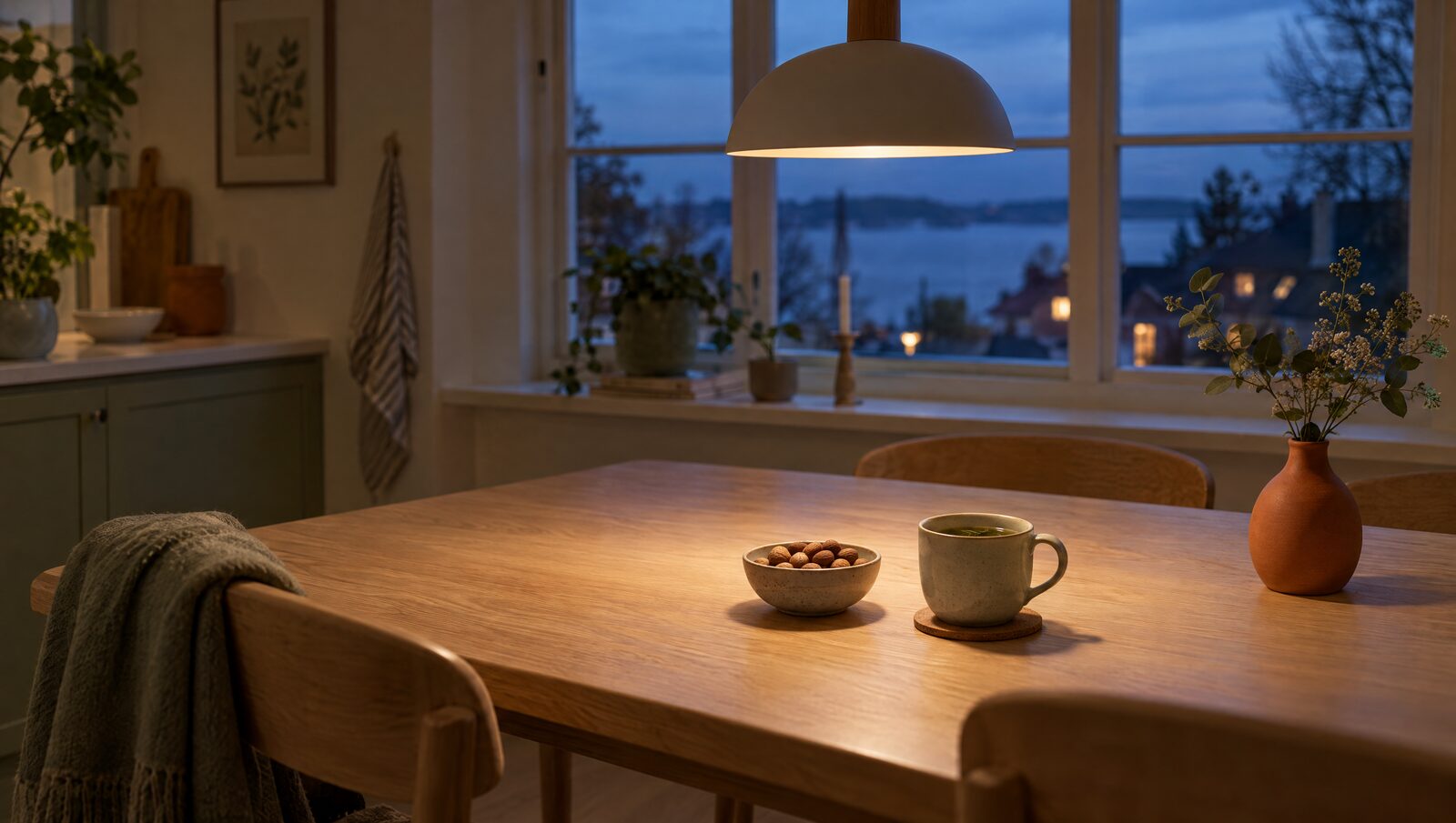 Ett köksbord på kvällen under en varm taklampa, med en skål nötter och en kopp te
