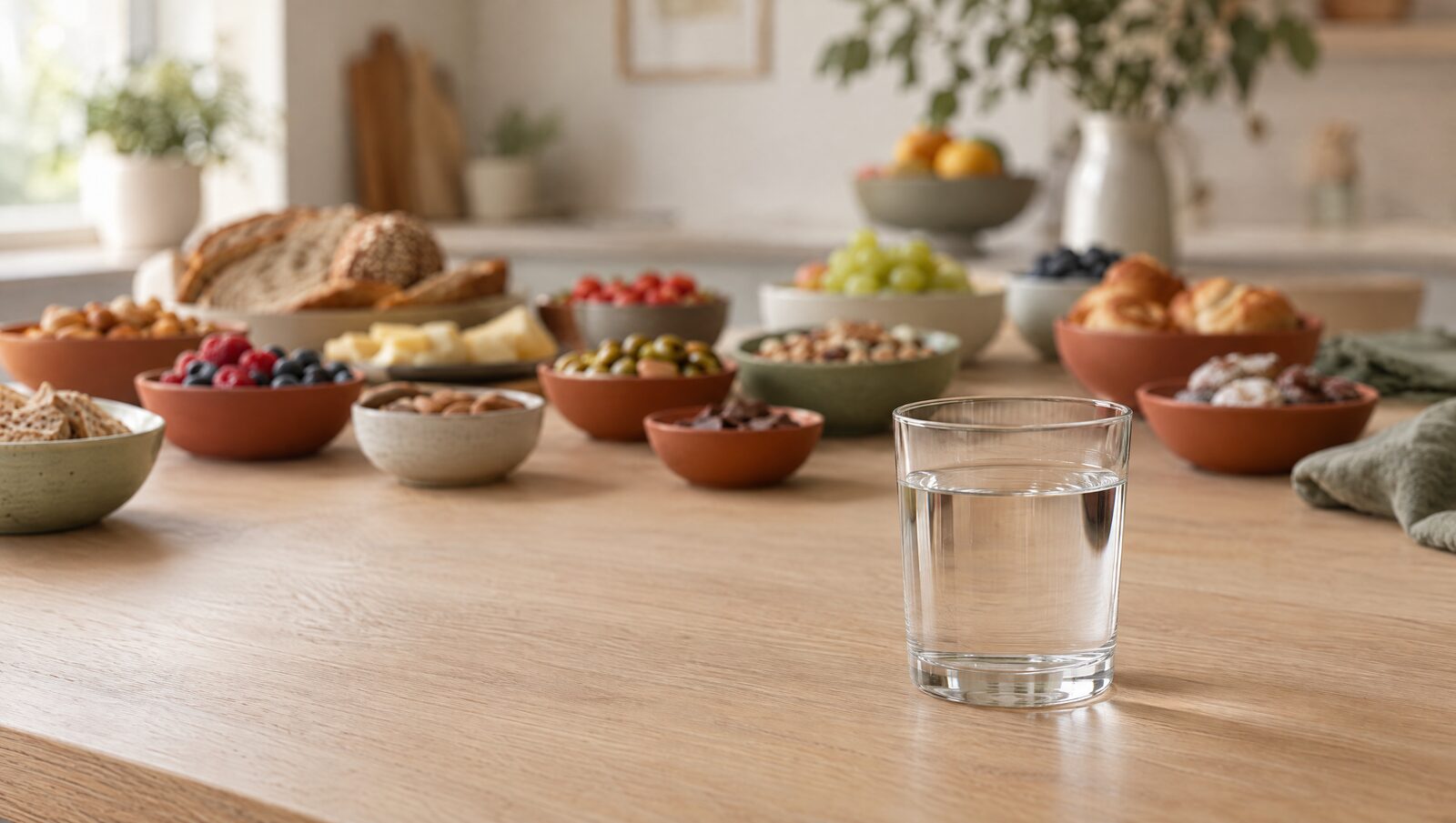 Ett glas vatten i förgrunden framför ett köksbord fullt av skålar med mat och snacks i oskärpa