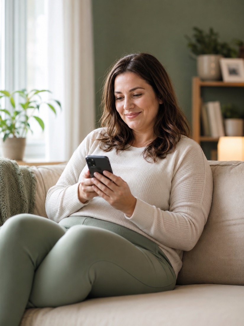 Kvinna sitter i soffan och följer sin behandling i Lipio-appen