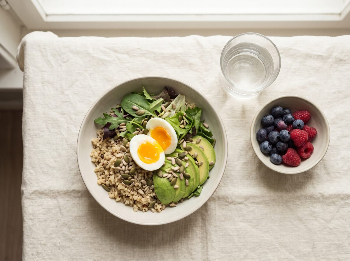 Skål med kokt ägg, quinoa, avokado och sallad bredvid en skål med bär och ett glas vatten på en linneduk