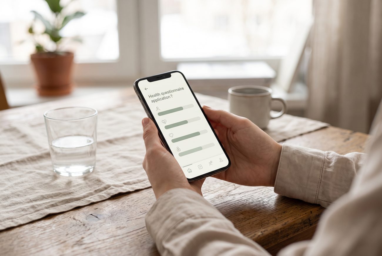 Händer som håller en mobil med ett hälsoformulär