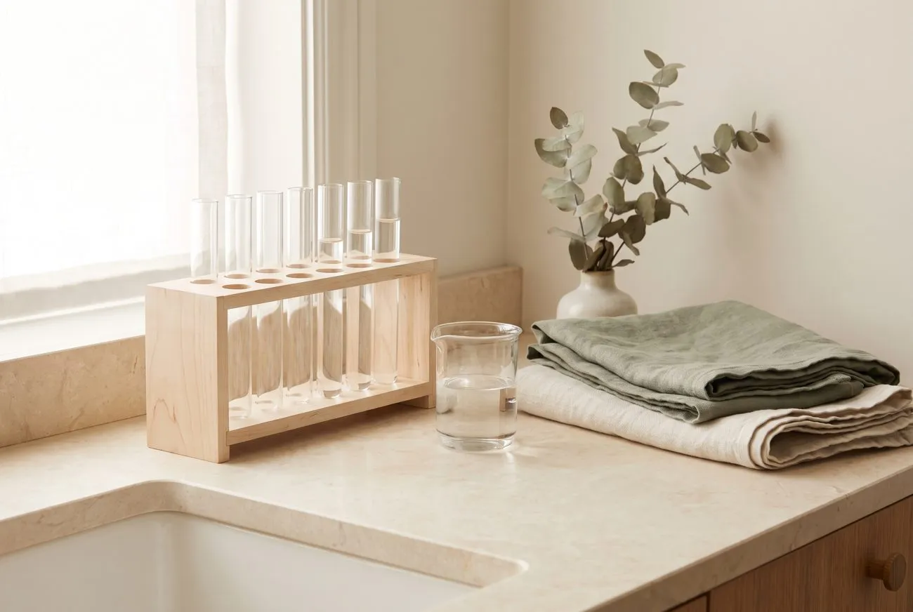 Provrör och laboratorieglas i varmt ljus