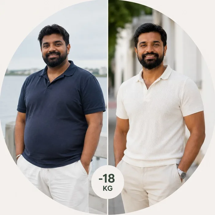 Amardeep före och efter viktnedgång på 18 kilo