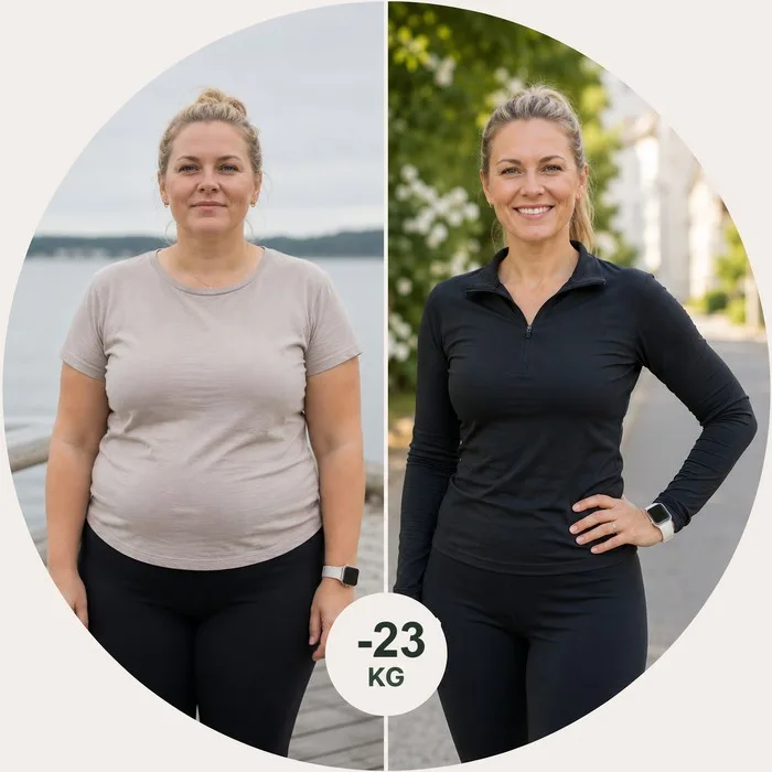 Malin före och efter viktnedgång på 23 kilo