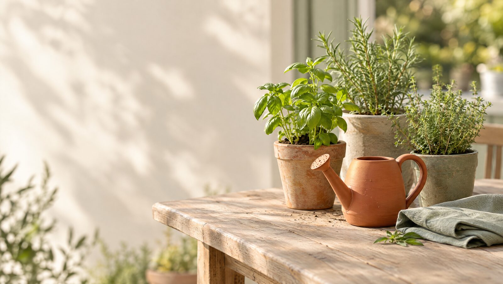 En terrakottafärgad vattenkanna och unga örtplantor i krukor på ett soligt trädgårdsbord